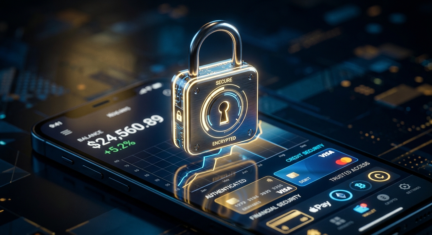 מנעול דיגיטלי מואר המייצג אבטחת מידע והצפנה על גבי מסך סמארטפון המציג אפליקציית ארנק דיגיטלי ונתונים פיננסיים
