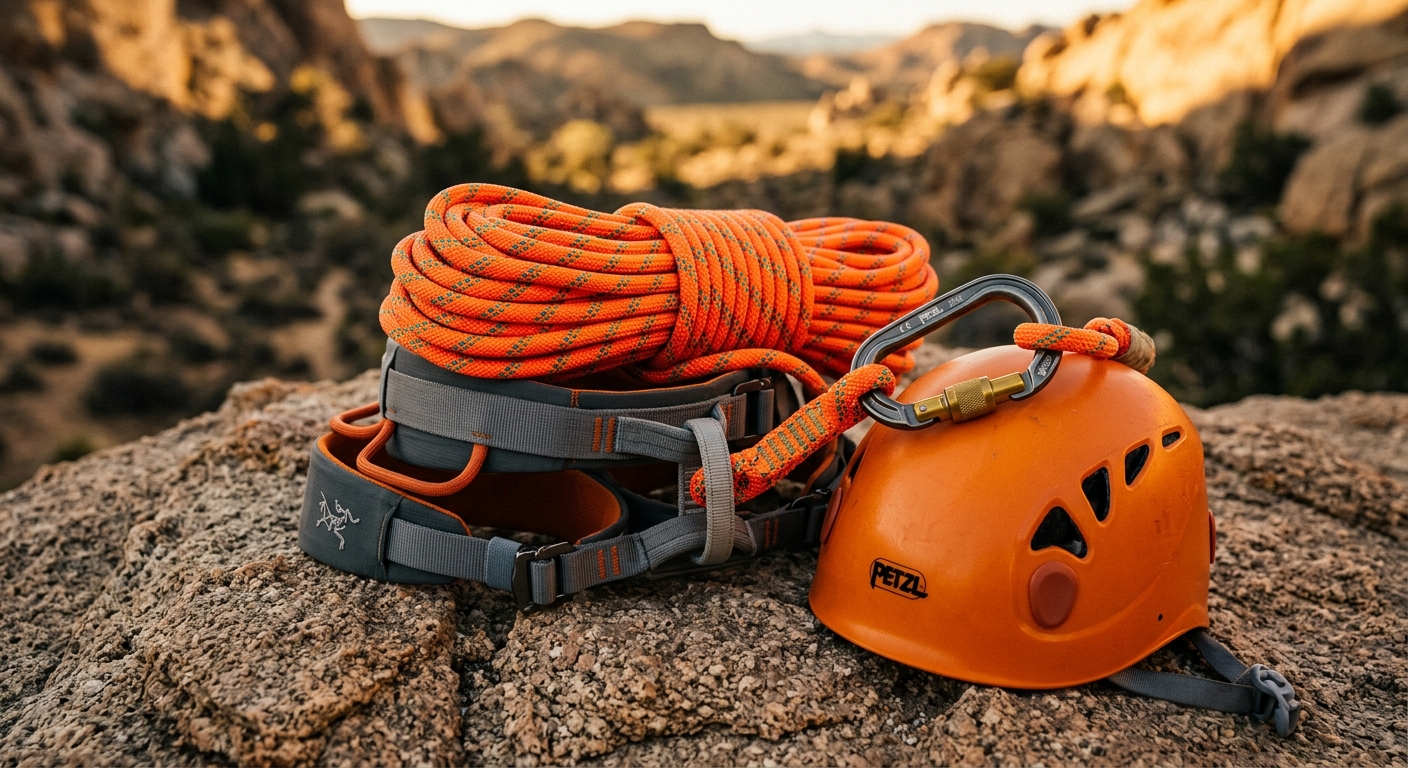 ציוד טיפוס צוקים הכולל חבל כתום, קסדת מגן של Petzl, רתמה וטבעת אבטחה מונחים על סלע על רקע נוף הררי.